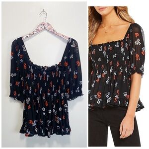 FREE PEOPLE Delta Dawn Black Red Floral Square Neck Blouse Top Size Medium M